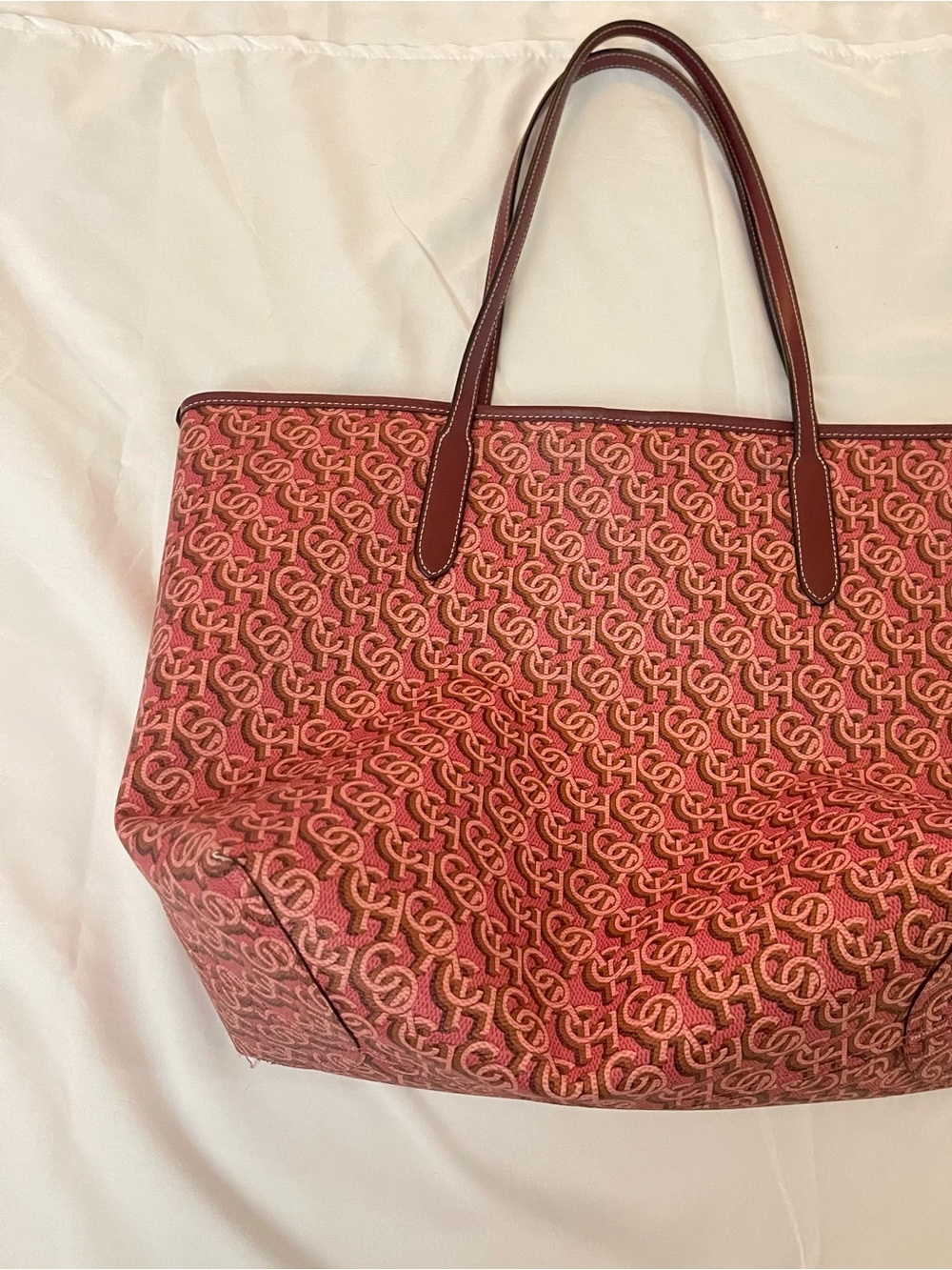 Coach Pink Pattern Jacquard Tote with Tan Accents